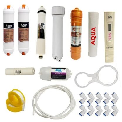 RioAqua Complete 1 Year Maintenance Service Replacement Kit for RO Water Purifier with Active Copper Filter Cartridge of 100 GPD Membrane 3000 TDS, (15 Items with TDS Meter)